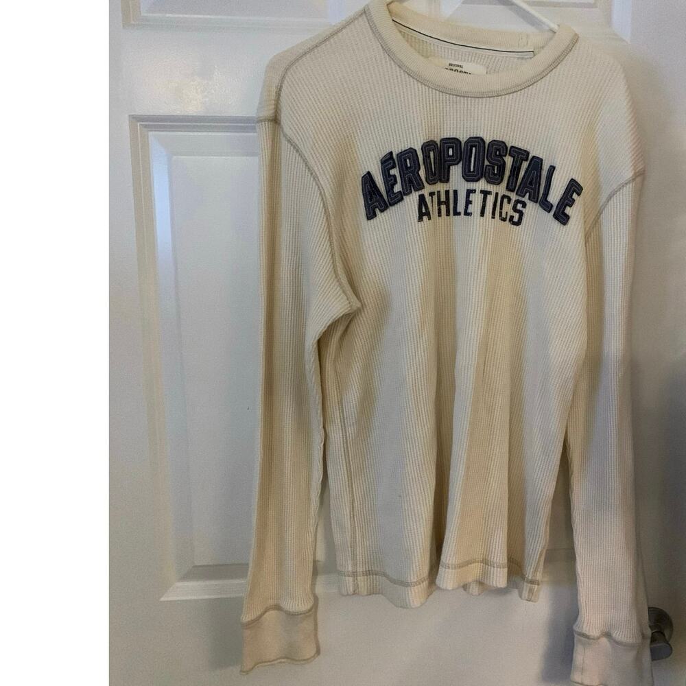 Vtg Aeropostale Sweater Mens XL Cream Spellout Waffle Knit Long Sleeve Y2K Heavy